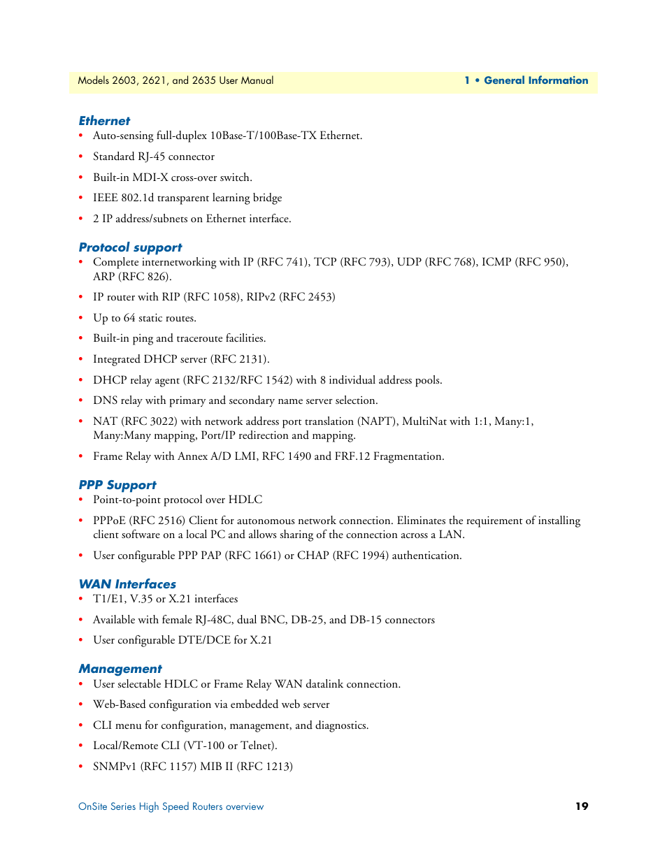 Ethernet, Protocol support, Ppp support | Wan interfaces, Management | Patton electronic ONSITE SERIES 2635 User Manual | Page 19 / 133