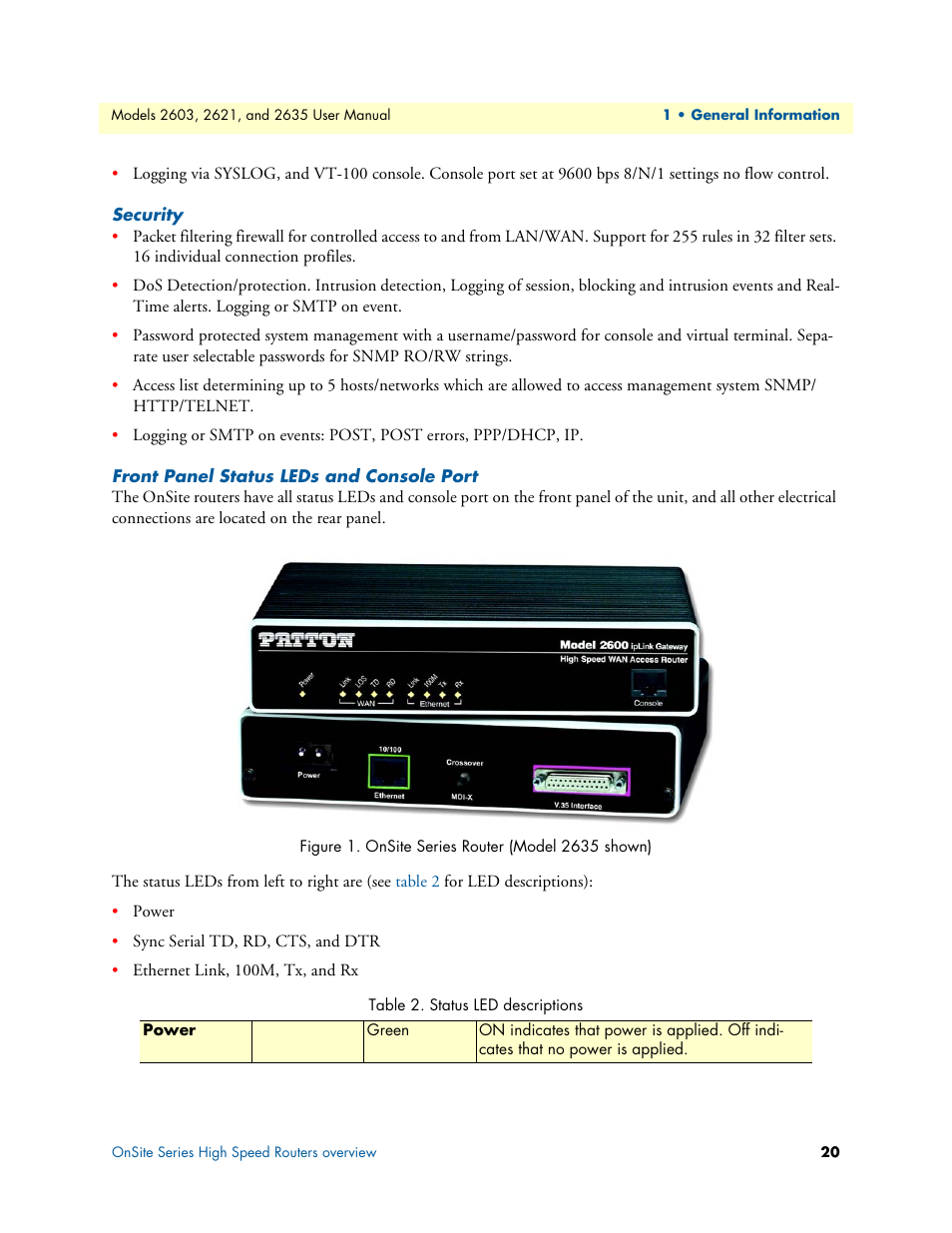 Security, Front panel status leds and console port, Security front panel status leds and console port | Onsite series router (model 2635 shown), Status led descriptions | Patton electronic ONSITE SERIES 2635 User Manual | Page 20 / 133