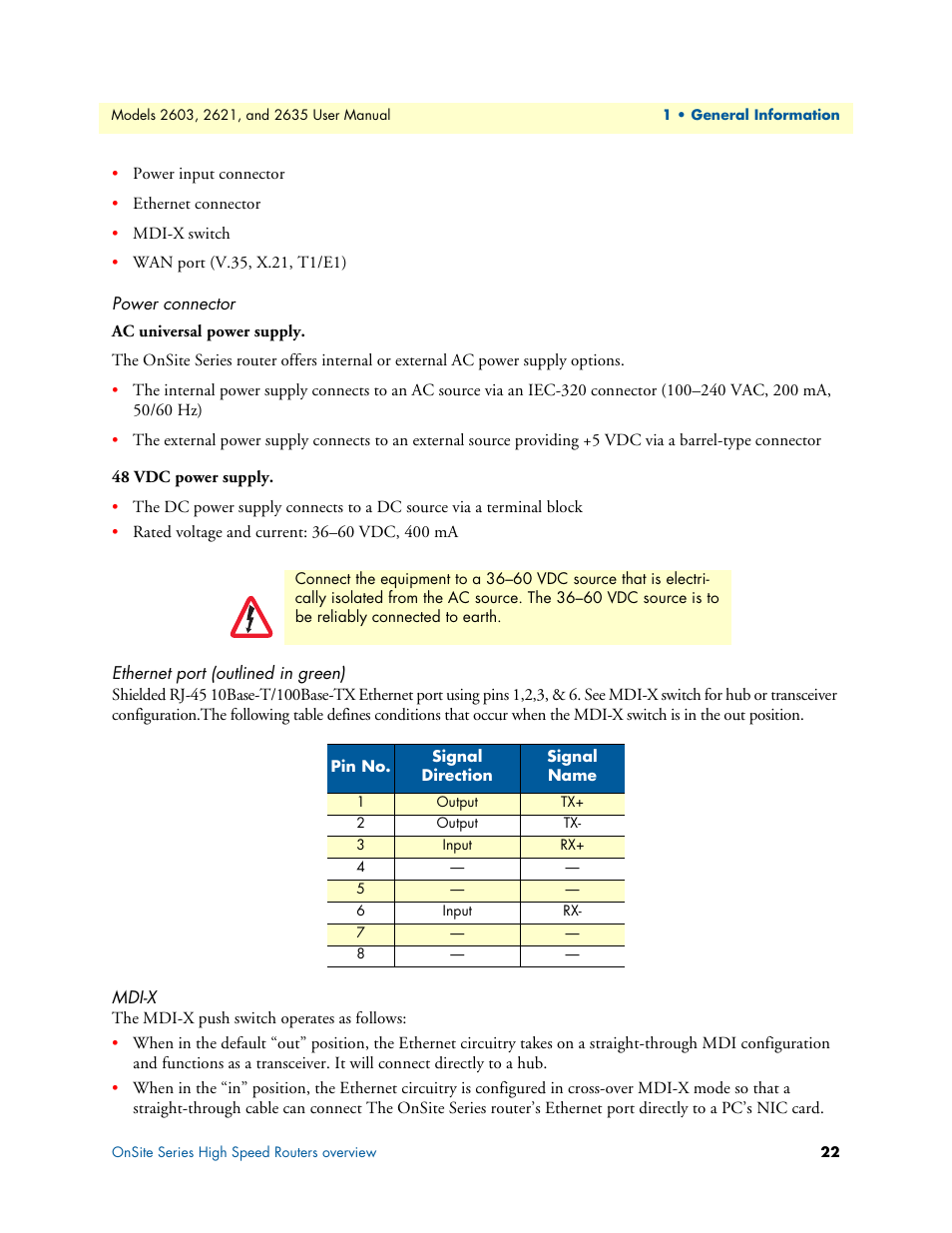 Power connector, Ethernet port (outlined in green), Mdi-x | Ac universal power supply 48 vdc power supply, Ethernet port (outlined in green) mdi-x, Ac universal power supply, 48 vdc power supply | Patton electronic ONSITE SERIES 2635 User Manual | Page 22 / 133