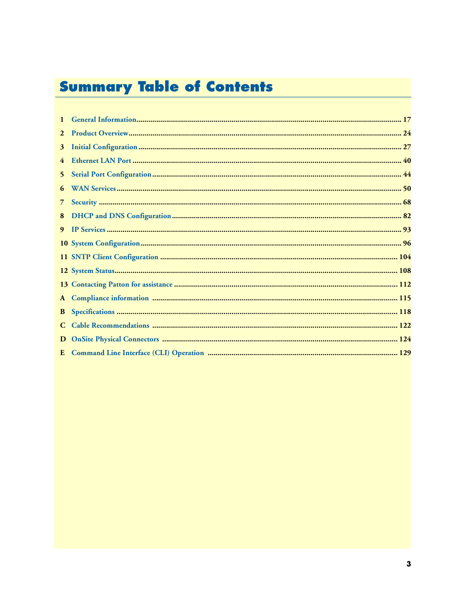 Summary table of contents, Summar y table of contents | Patton electronic ONSITE SERIES 2635 User Manual | Page 3 / 133