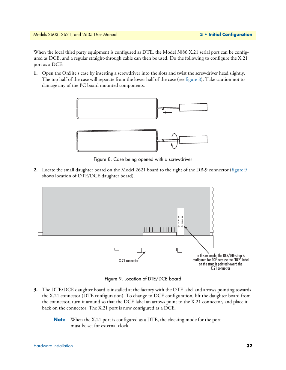 Case being opened with a screwdriver, Location of dte/dce board | Patton electronic ONSITE SERIES 2635 User Manual | Page 32 / 133