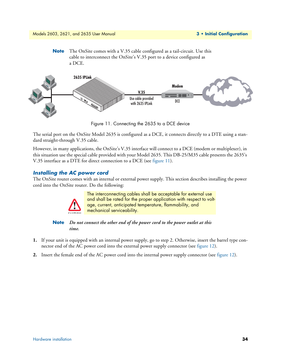 Installing the ac power cord, Connecting the 2635 to a dce device, Figure 11 | Patton electronic ONSITE SERIES 2635 User Manual | Page 34 / 133