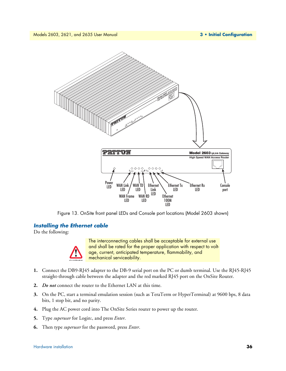 Installing the ethernet cable, Figure 13, Caution | Patton electronic ONSITE SERIES 2635 User Manual | Page 36 / 133
