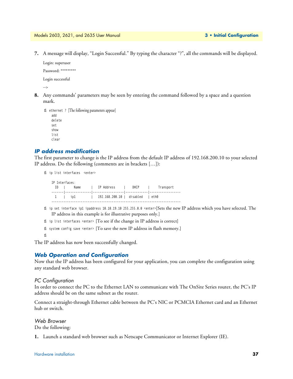 Ip address modification, Web operation and configuration, Pc configuration | Web browser, Pc configuration web browser, Web operation and configura, Tion | Patton electronic ONSITE SERIES 2635 User Manual | Page 37 / 133