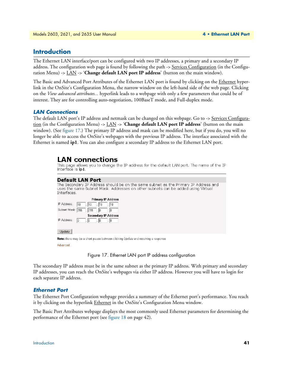 Introduction, Lan connections, Ethernet port | Lan connections ethernet port, Ethernet lan port ip address configuration | Patton electronic ONSITE SERIES 2635 User Manual | Page 41 / 133