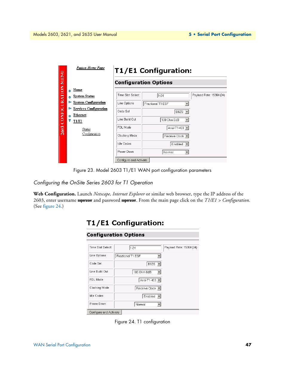 Web configuration, Model 2603 t1/e1 wan port configuration parameters, T1 configuration | Figure 23 | Patton electronic ONSITE SERIES 2635 User Manual | Page 47 / 133