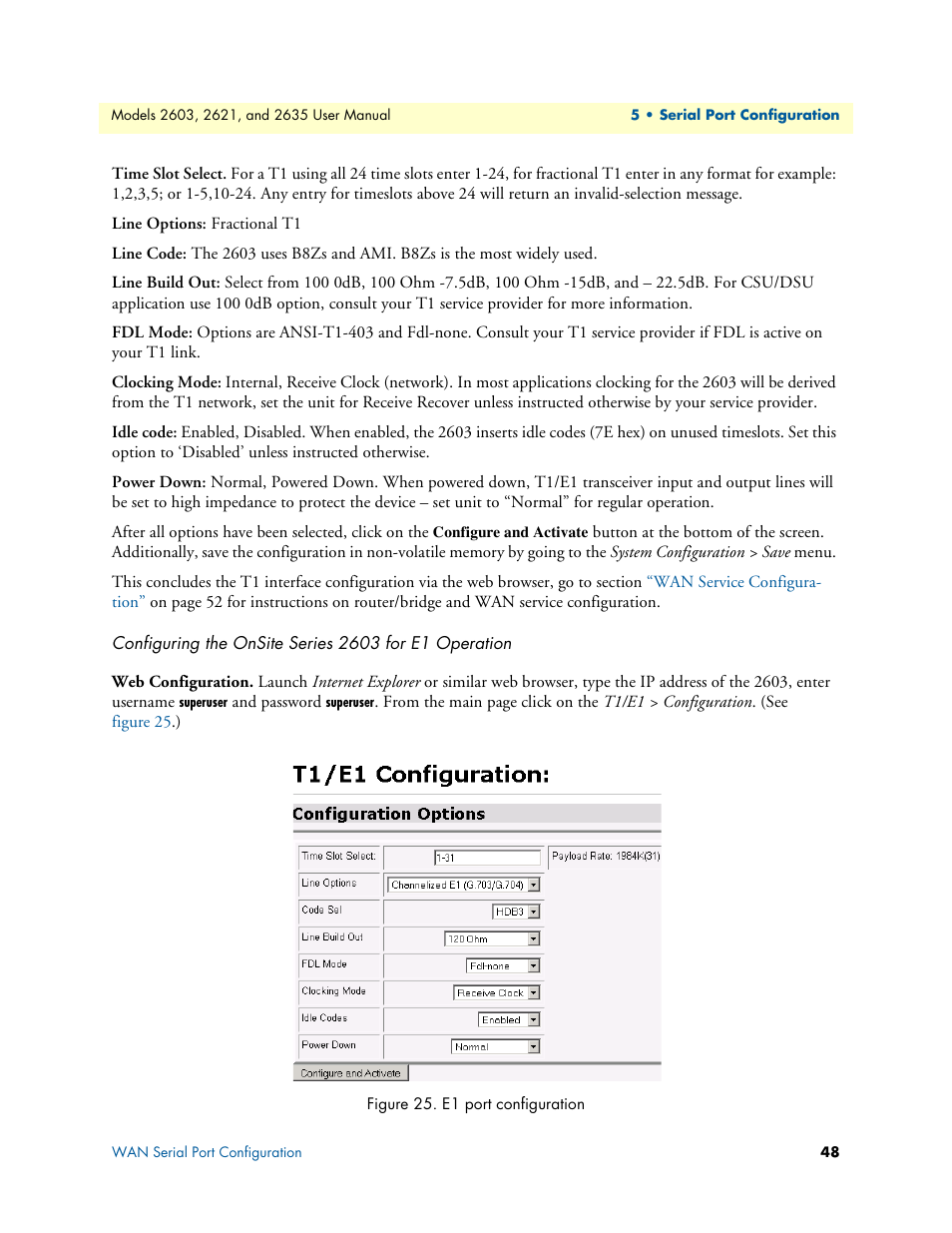 Web configuration, E1 port configuration | Patton electronic ONSITE SERIES 2635 User Manual | Page 48 / 133