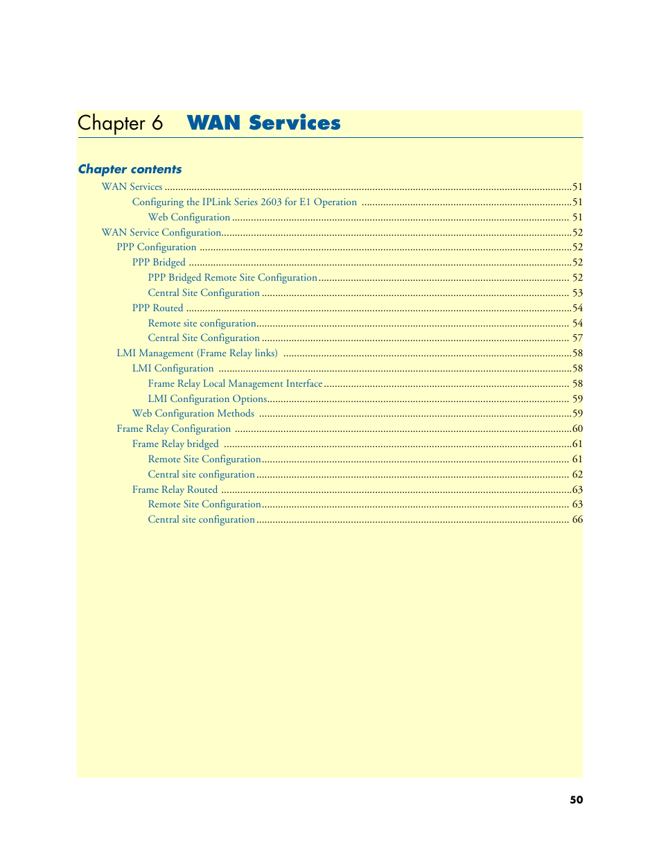 Chapter 6 wan services, Wan services, 6 wan services | Chapter 6 | Patton electronic ONSITE SERIES 2635 User Manual | Page 50 / 133