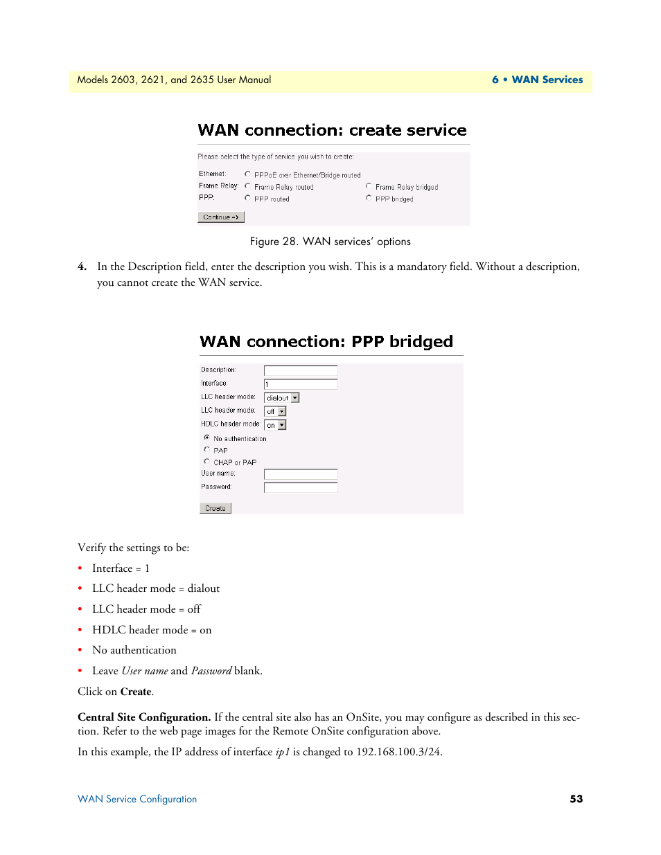 Central site configuration, Wan services’ options | Patton electronic ONSITE SERIES 2635 User Manual | Page 53 / 133