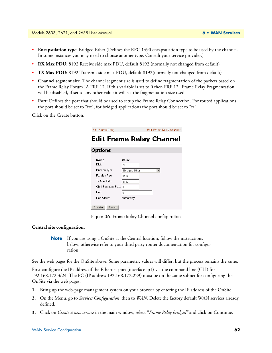 Central site configuration, Frame relay channel configuration, Figure 36 | Patton electronic ONSITE SERIES 2635 User Manual | Page 62 / 133