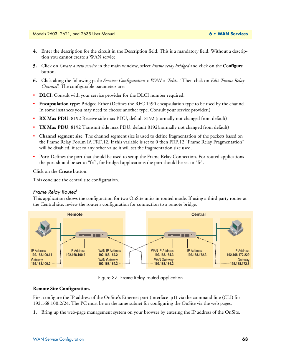 Frame relay routed, Remote site configuration, Frame relay routed application | Patton electronic ONSITE SERIES 2635 User Manual | Page 63 / 133