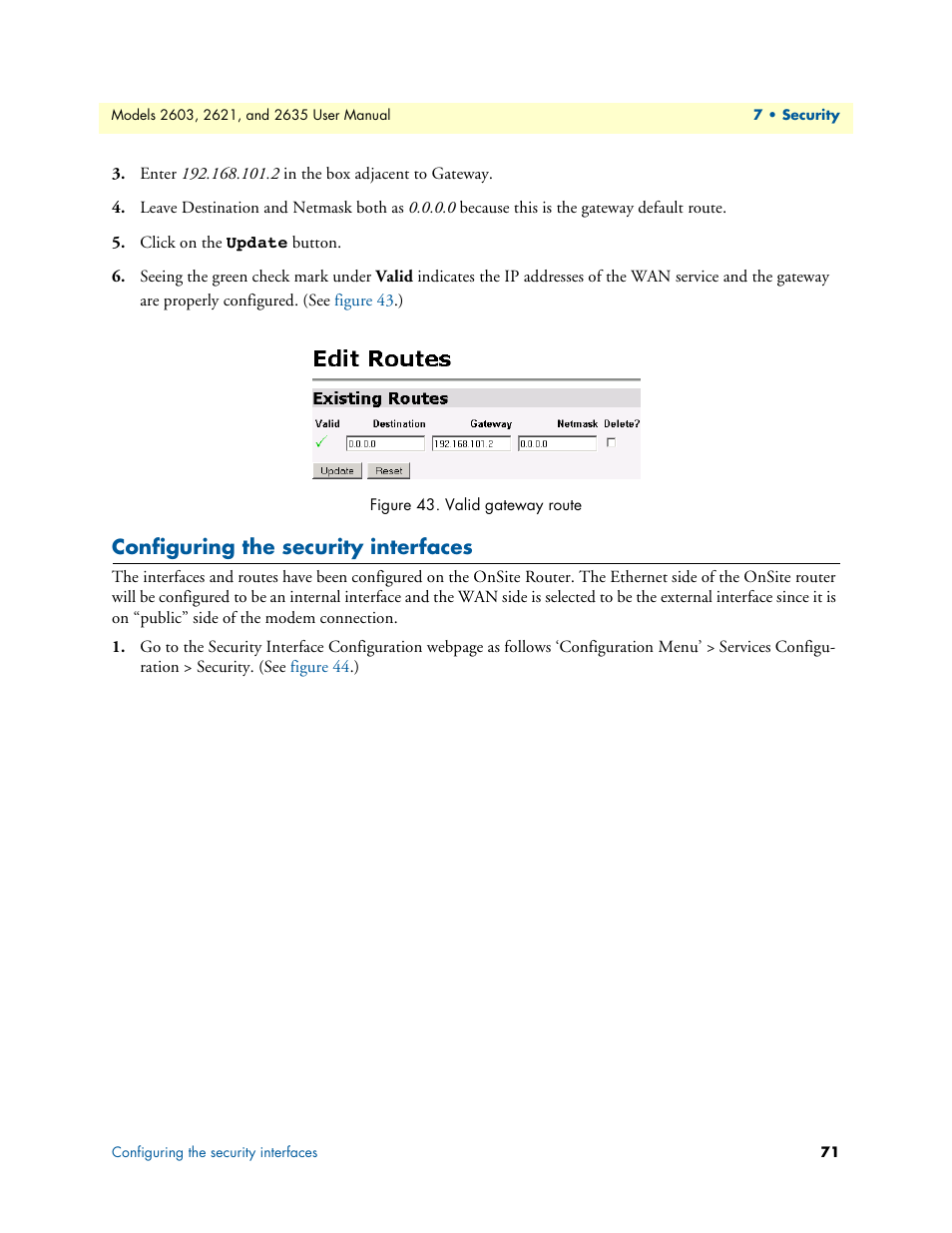 Configuring the security interfaces, Valid gateway route | Patton electronic ONSITE SERIES 2635 User Manual | Page 71 / 133