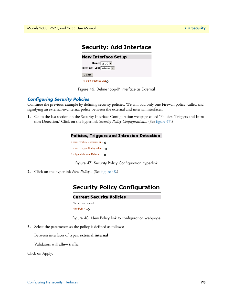 Configuring security policies, Define ‘ppp-0’ interface as external, Security policy configuration hyperlink | Figure 46 | Patton electronic ONSITE SERIES 2635 User Manual | Page 73 / 133