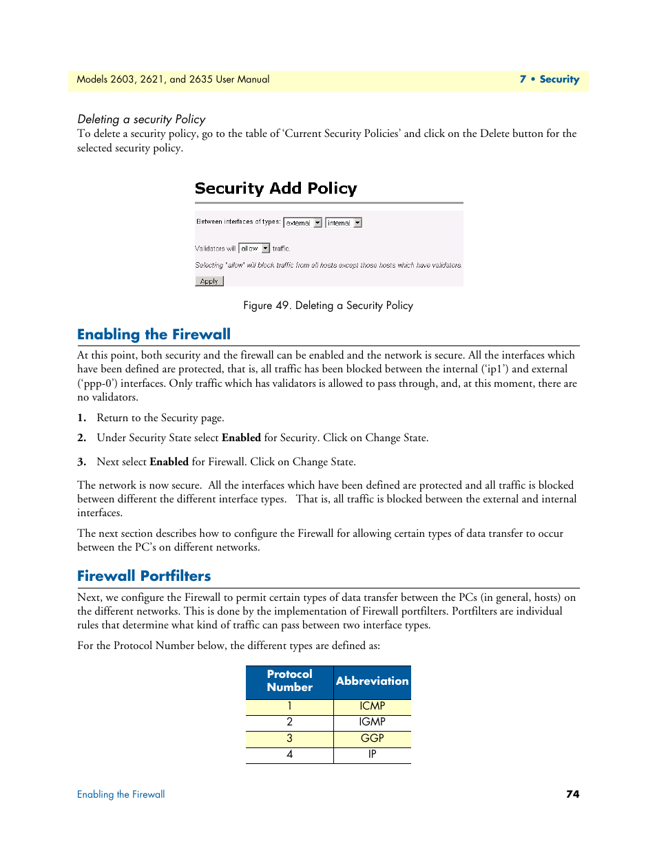 Deleting a security policy, Enabling the firewall, Firewall portfilters | Enabling the firewall firewall portfilters | Patton electronic ONSITE SERIES 2635 User Manual | Page 74 / 133