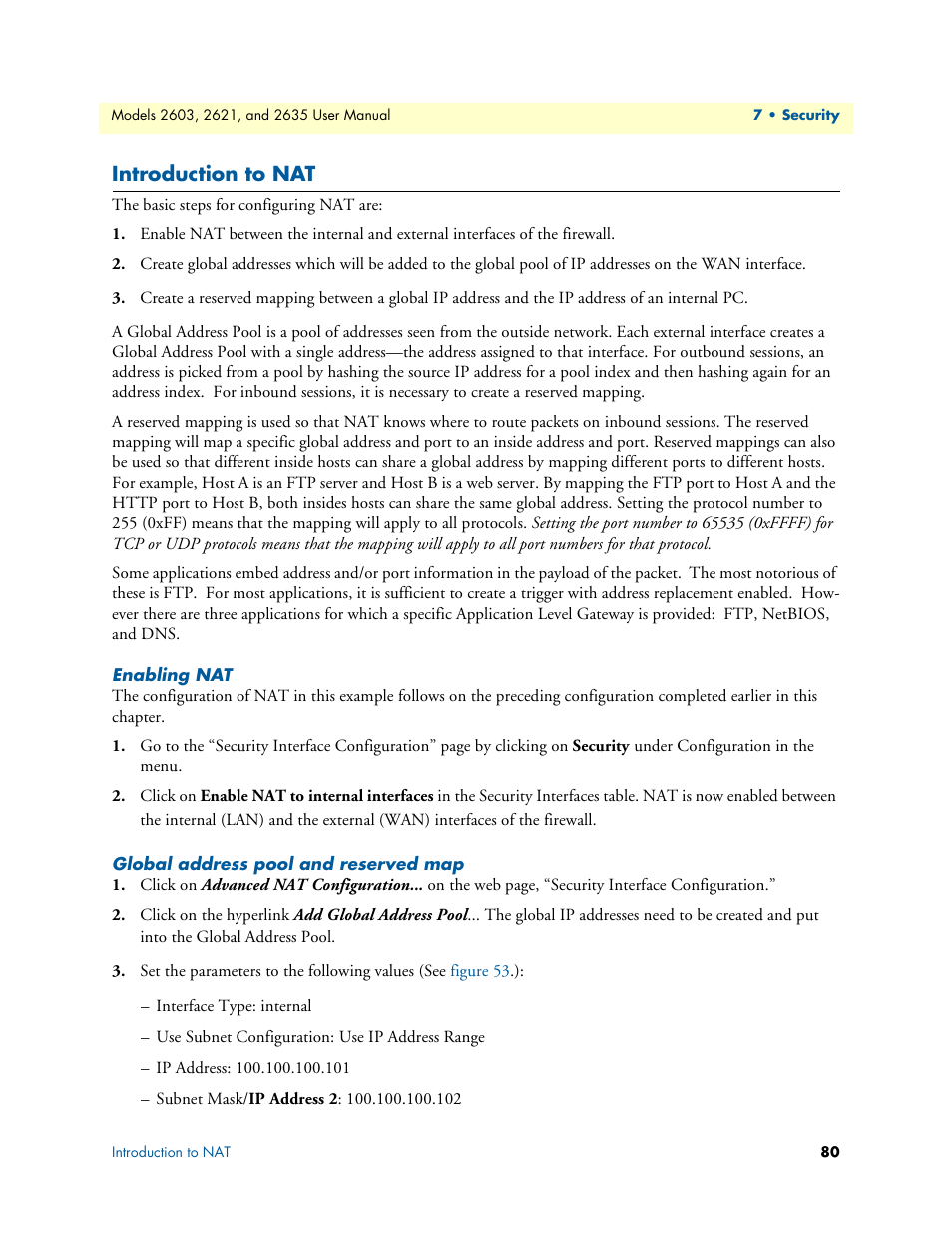 Introduction to nat, Enabling nat, Global address pool and reserved map | Enabling nat global address pool and reserved map | Patton electronic ONSITE SERIES 2635 User Manual | Page 80 / 133