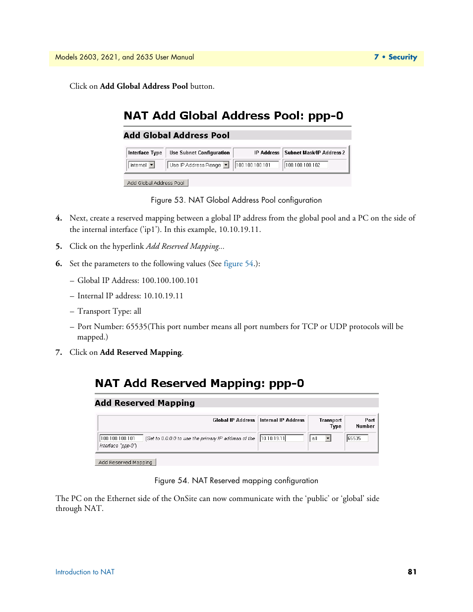 Nat global address pool configuration, Nat reserved mapping configuration | Patton electronic ONSITE SERIES 2635 User Manual | Page 81 / 133