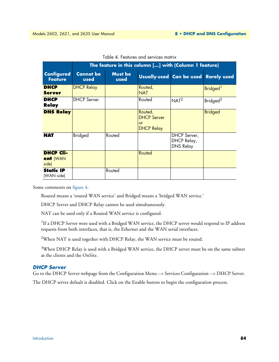 Dhcp server, Features and services matrix | Patton electronic ONSITE SERIES 2635 User Manual | Page 84 / 133