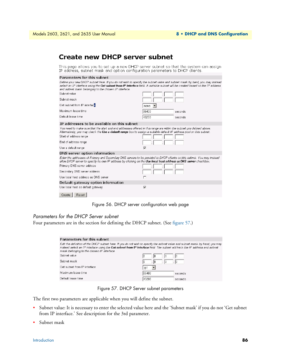 Parameters for the dhcp server subnet, Dhcp server subnet parameters | Patton electronic ONSITE SERIES 2635 User Manual | Page 86 / 133