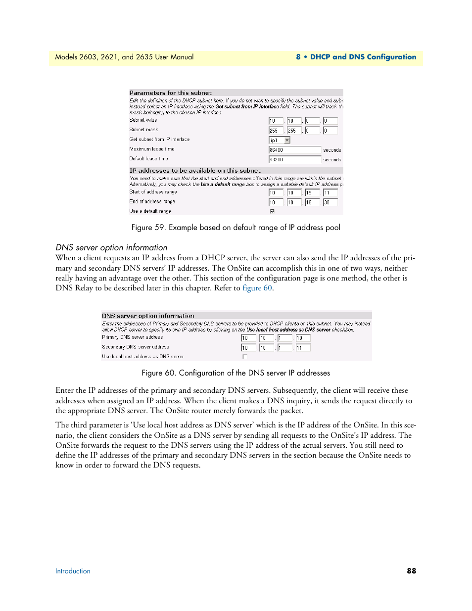 Dns server option information, Example based on default range of ip address pool, Configuration of the dns server ip addresses | Patton electronic ONSITE SERIES 2635 User Manual | Page 88 / 133