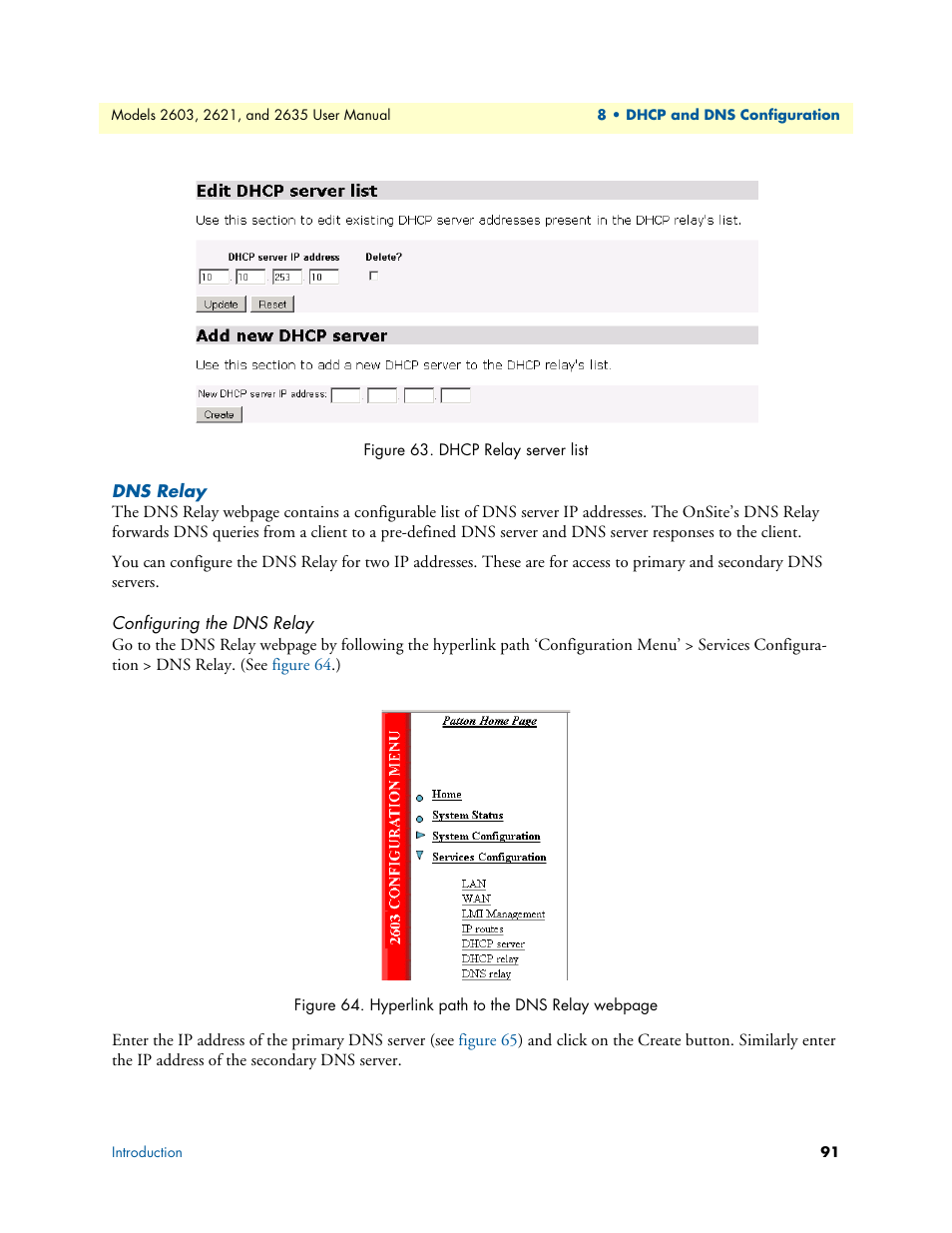 Dns relay, Configuring the dns relay, Dhcp relay server list | Figure 63 | Patton electronic ONSITE SERIES 2635 User Manual | Page 91 / 133