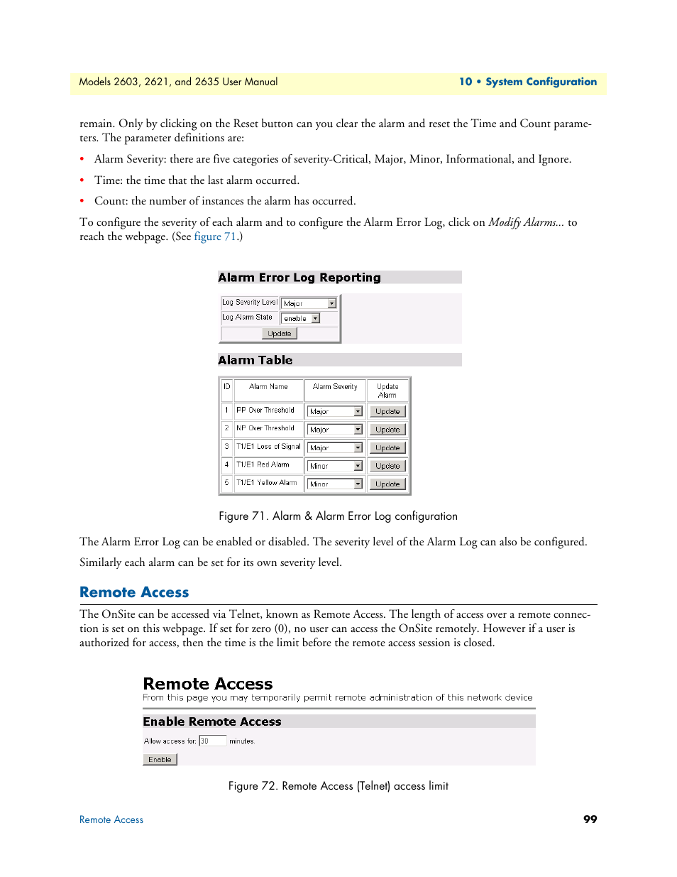 Remote access, Alarm & alarm error log configuration, Remote access (telnet) access limit | Patton electronic ONSITE SERIES 2635 User Manual | Page 99 / 133