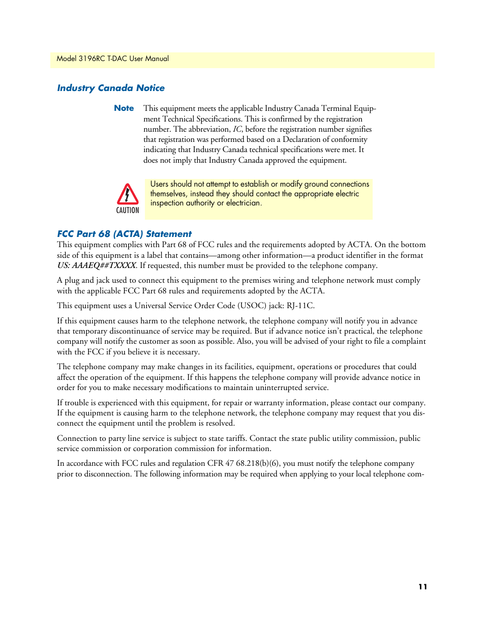 Industry canada notice, Fcc part 68 (acta) statement | Patton electronic 3196RC User Manual | Page 11 / 93