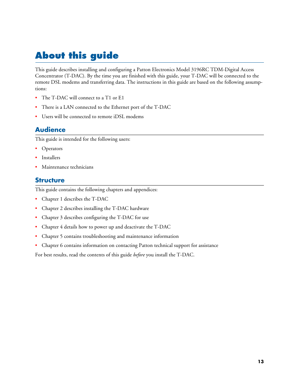 About this guide, Audience, Structure | Patton electronic 3196RC User Manual | Page 13 / 93