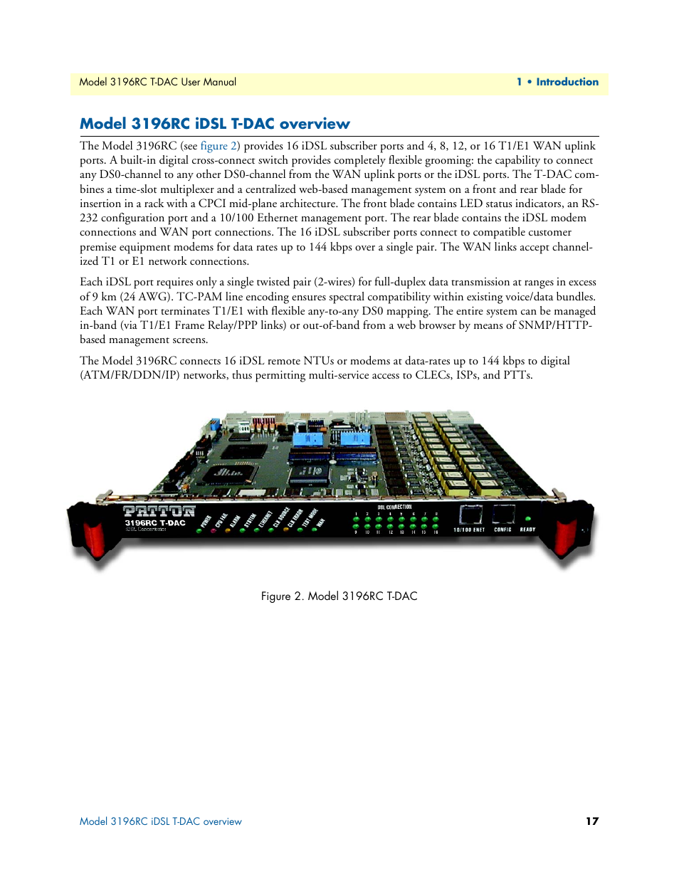 Model 3196rc idsl t-dac overview, Model 3196rc t-dac | Patton electronic 3196RC User Manual | Page 17 / 93