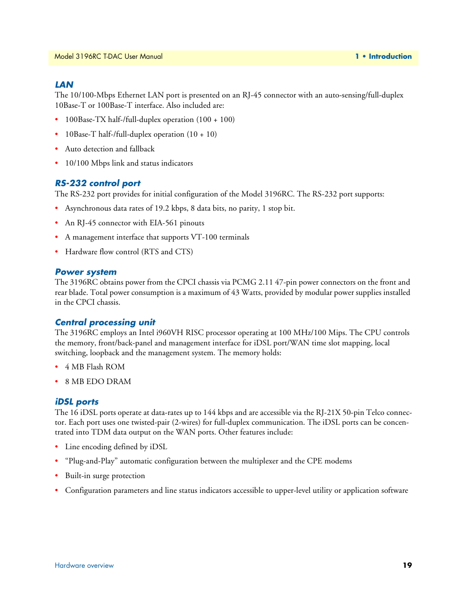Rs-232 control port, Power system, Central processing unit | Idsl ports | Patton electronic 3196RC User Manual | Page 19 / 93