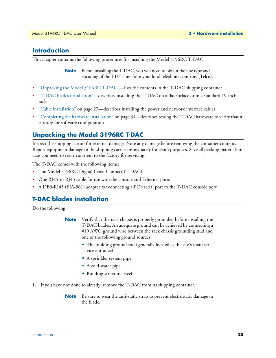 Introduction, Unpacking the model 3196rc t-dac, T-dac blades installation | Patton electronic 3196RC User Manual | Page 25 / 93
