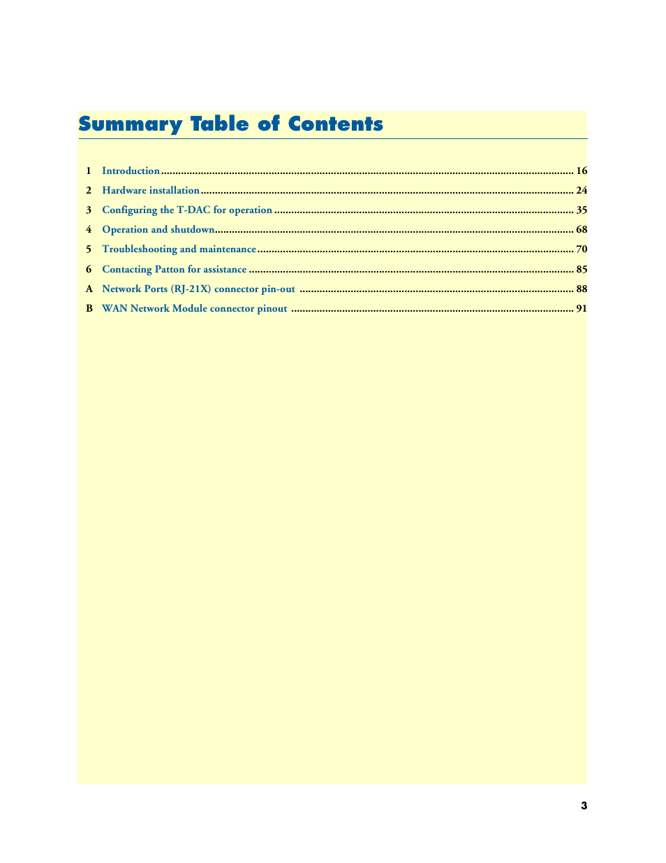 Summary table of contents, Summar y table of contents | Patton electronic 3196RC User Manual | Page 3 / 93