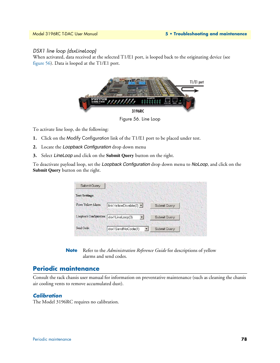 Dsx1 line loop (dsxlineloop), Periodic maintenance, Calibration | Line loop | Patton electronic 3196RC User Manual | Page 78 / 93