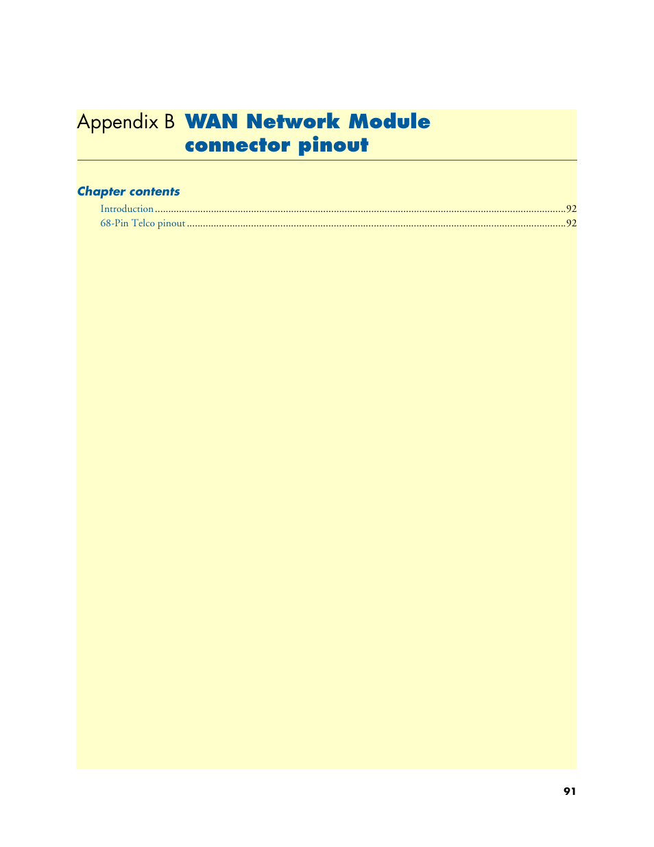 Appendix b wan network module connector pinout, Wan network module connector pinout | Patton electronic 3196RC User Manual | Page 91 / 93