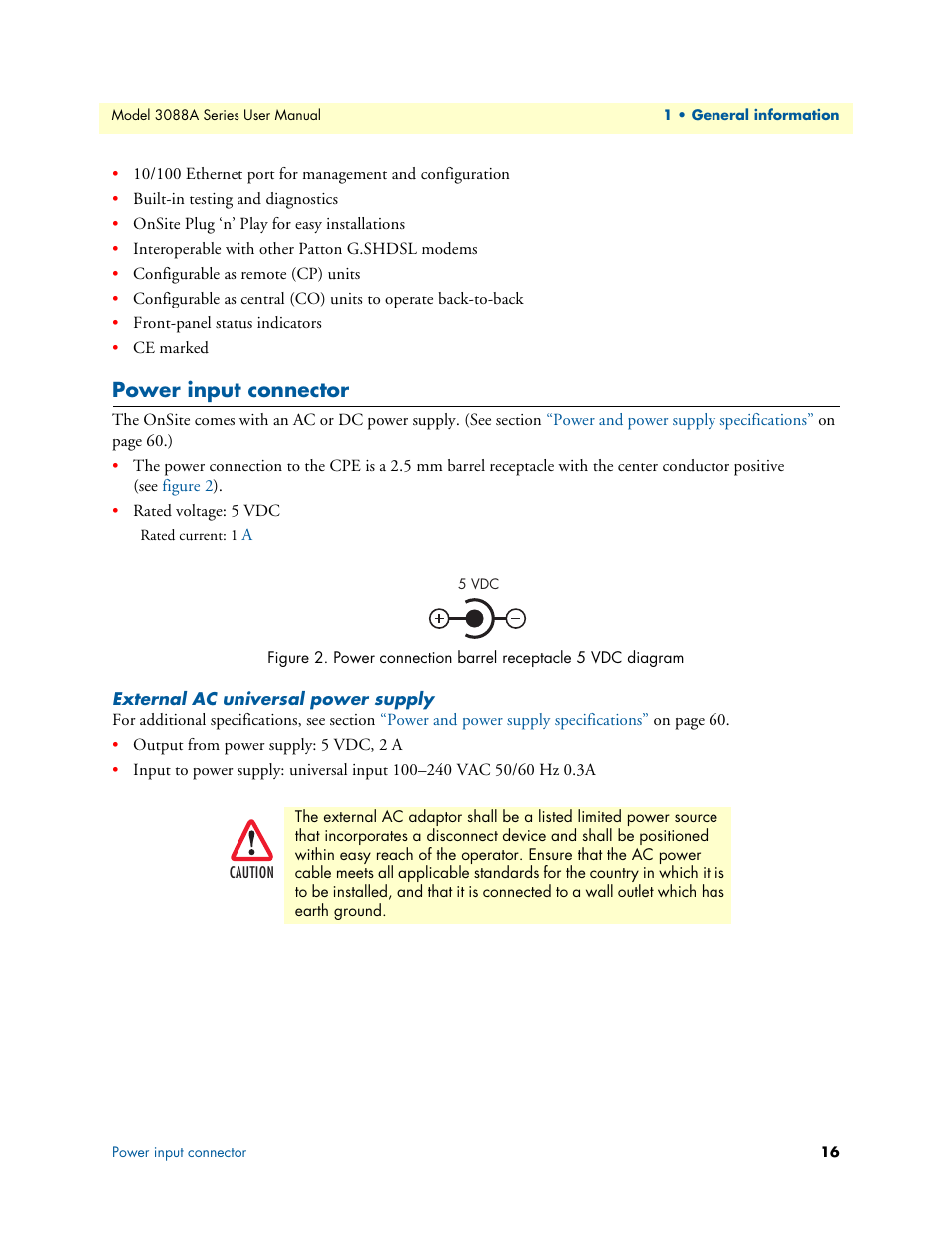 Power input connector, External ac universal power supply, Power connection barrel receptacle 5 vdc diagram | Patton electronic 3088A User Manual | Page 16 / 71