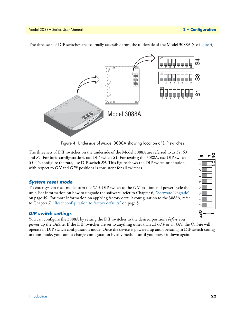 System reset mode, Dip switch settings, Model 3088a | S1 s3 | Patton electronic 3088A User Manual | Page 22 / 71