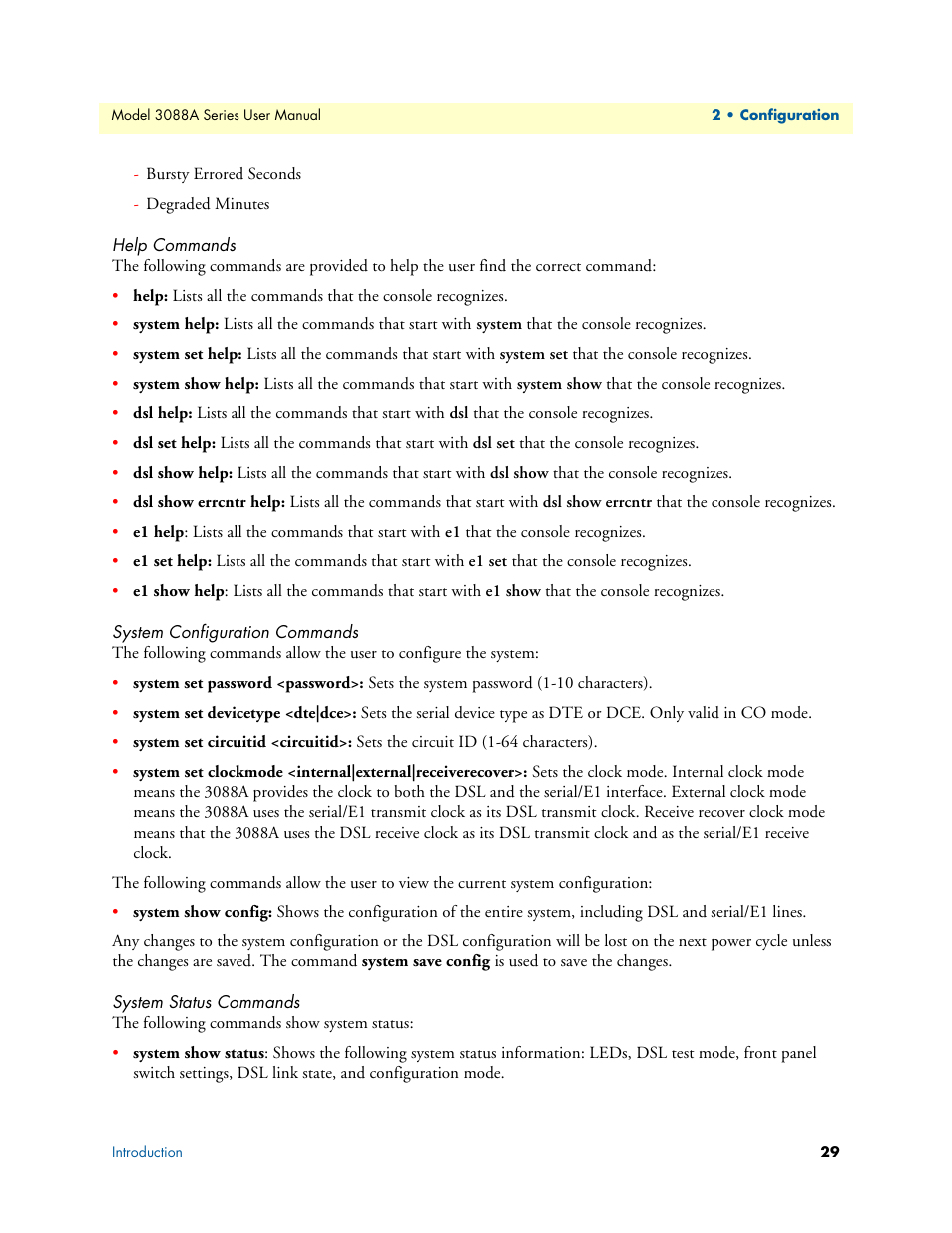 Help commands, System configuration commands, System status commands | Patton electronic 3088A User Manual | Page 29 / 71
