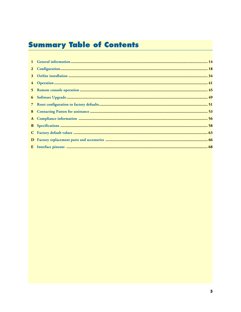 Summary table of contents, Summar y table of contents | Patton electronic 3088A User Manual | Page 3 / 71