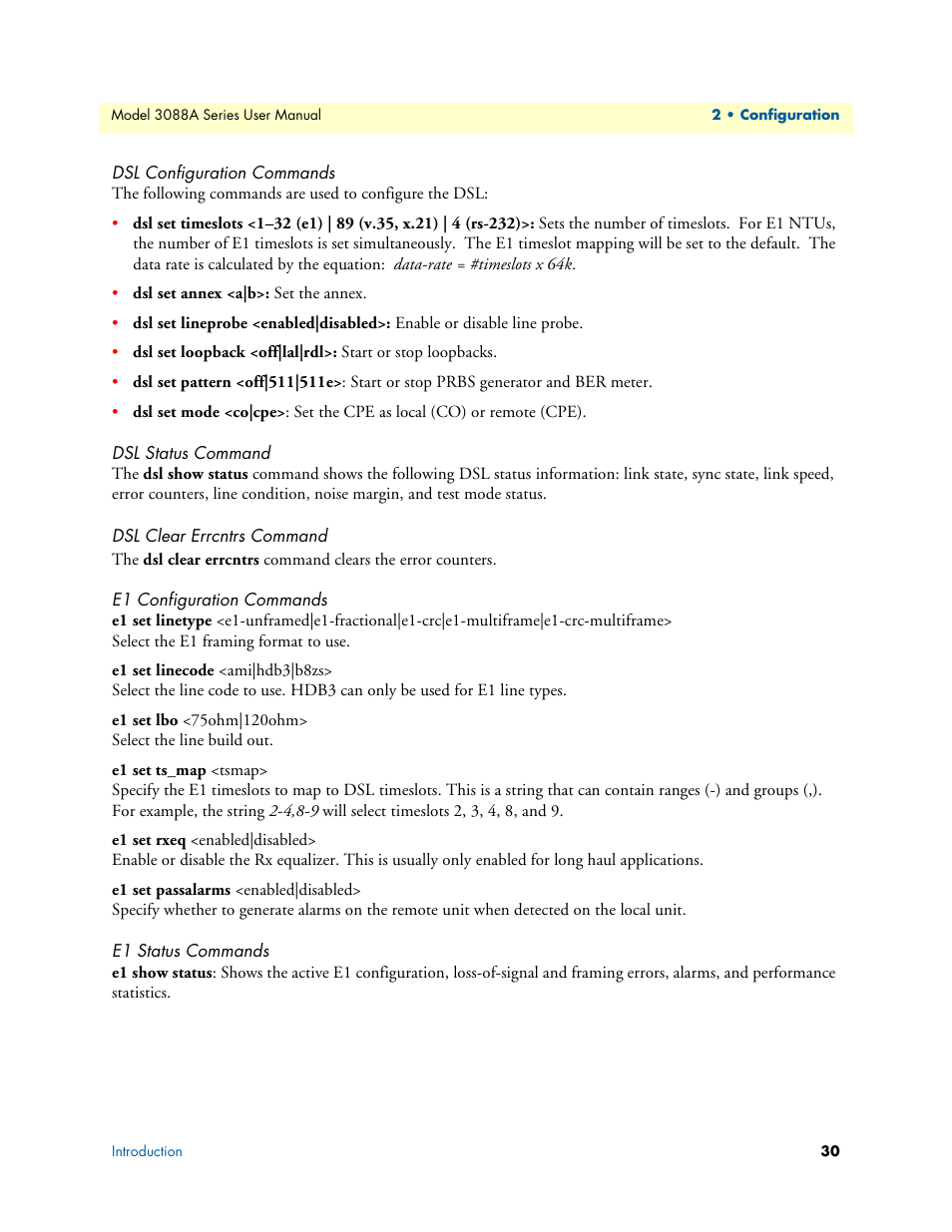 Dsl configuration commands, Dsl status command, Dsl clear errcntrs command | E1 configuration commands, E1 status commands | Patton electronic 3088A User Manual | Page 30 / 71