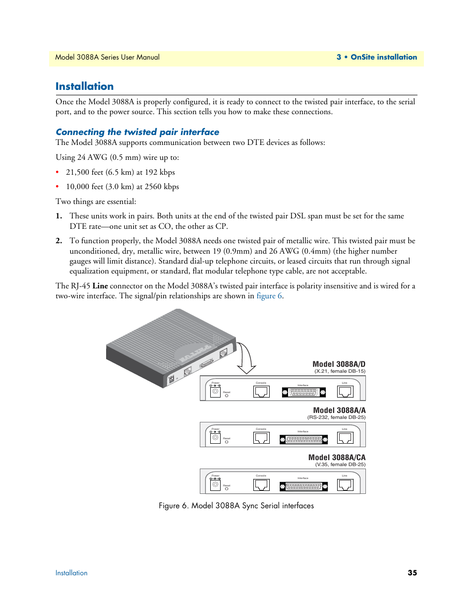 Installation, Connecting the twisted pair interface, Model 3088a sync serial interfaces | Model 3088a/ca, Model 3088a/a | Patton electronic 3088A User Manual | Page 35 / 71