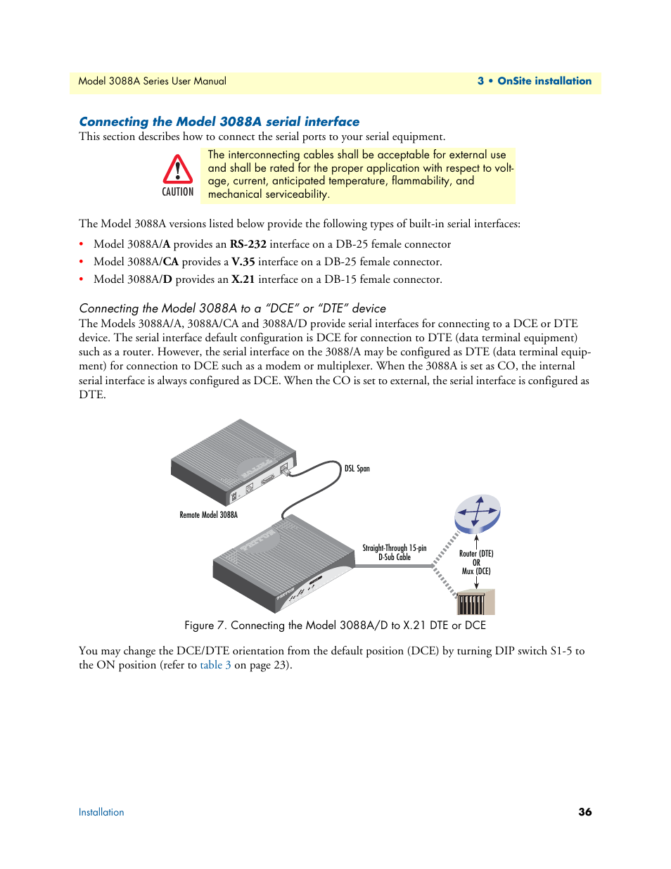 Connecting the model 3088a serial interface, Connecting the model 3088a/d to x.21 dte or dce | Patton electronic 3088A User Manual | Page 36 / 71