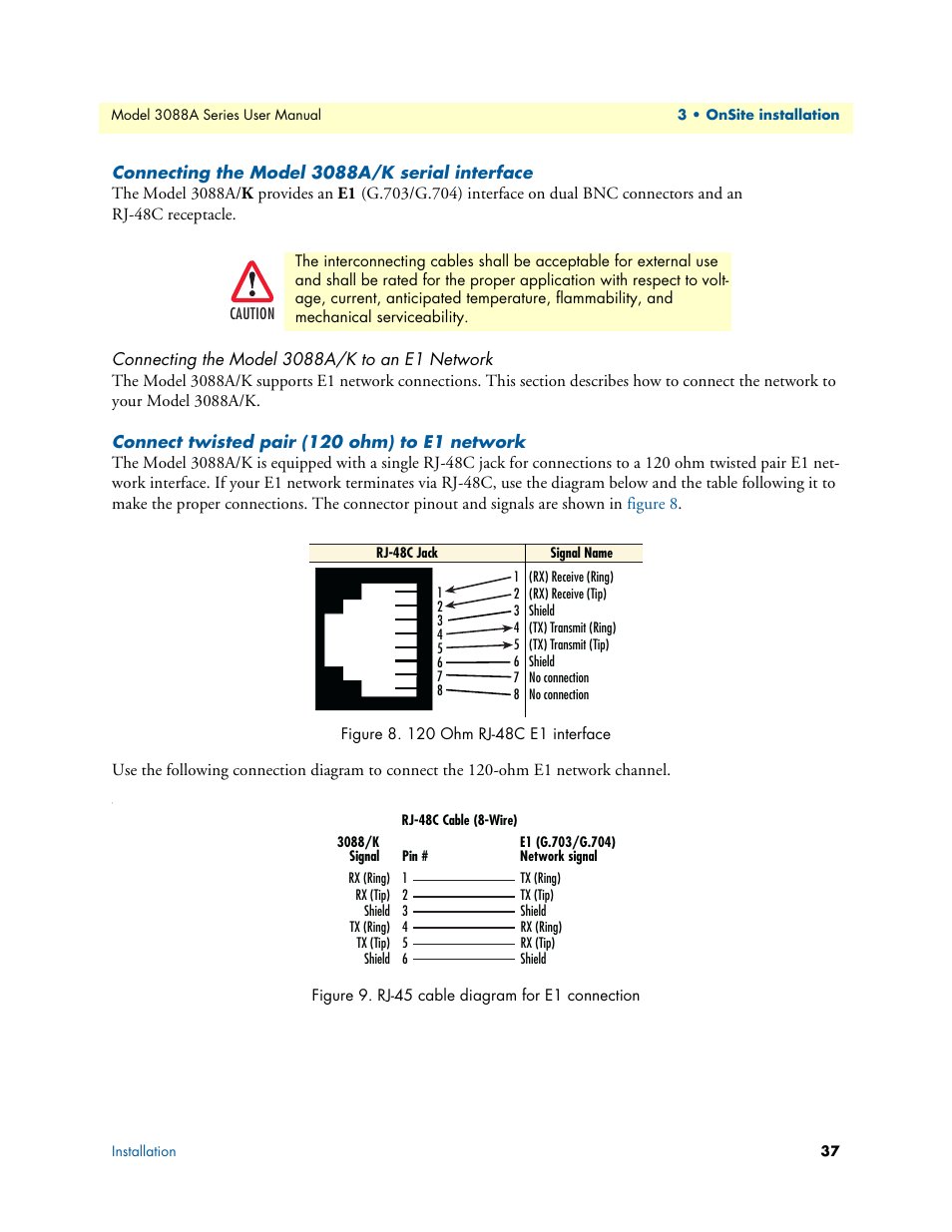Connecting the model 3088a/k serial interface, Connecting the model 3088a/k to an e1 network, Connect twisted pair (120 ohm) to e1 network | 120 ohm rj-48c e1 interface, Rj-45 cable diagram for e1 connection | Patton electronic 3088A User Manual | Page 37 / 71