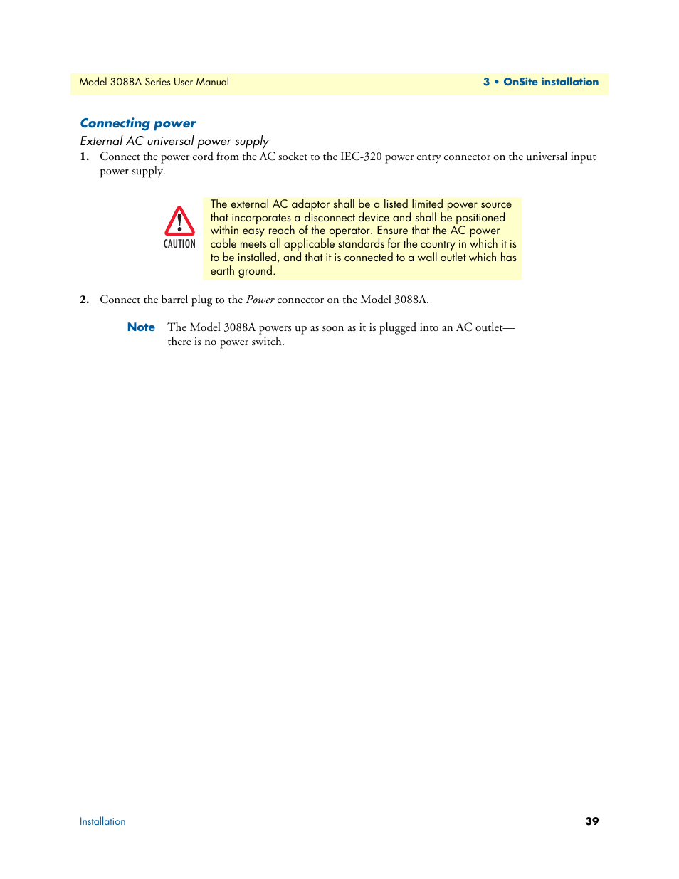 Connecting power, External ac universal power supply | Patton electronic 3088A User Manual | Page 39 / 71