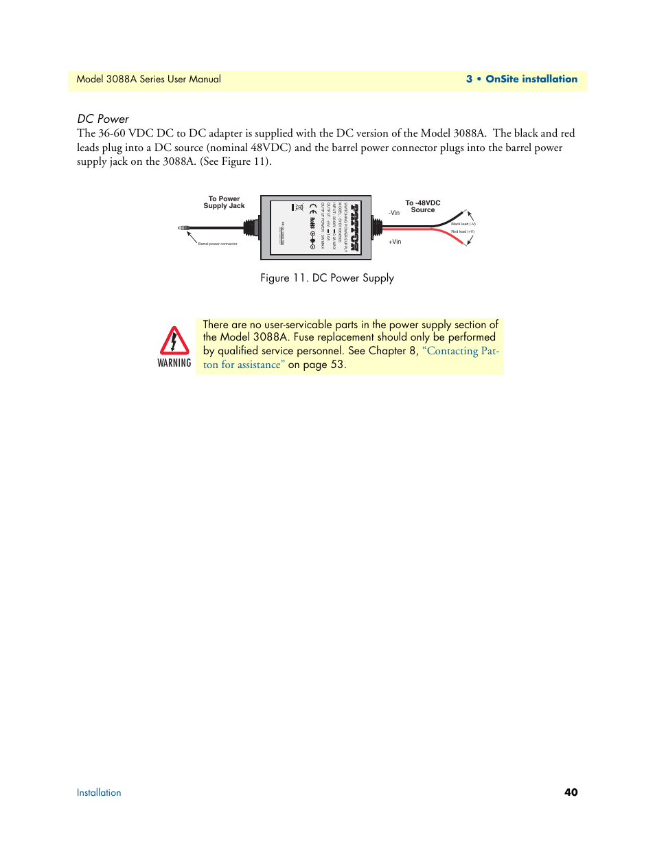 Dc power, Dc power supply, Contacting pat- ton for assistance | On page 53, Warning, Made in china by sunny | Patton electronic 3088A User Manual | Page 40 / 71
