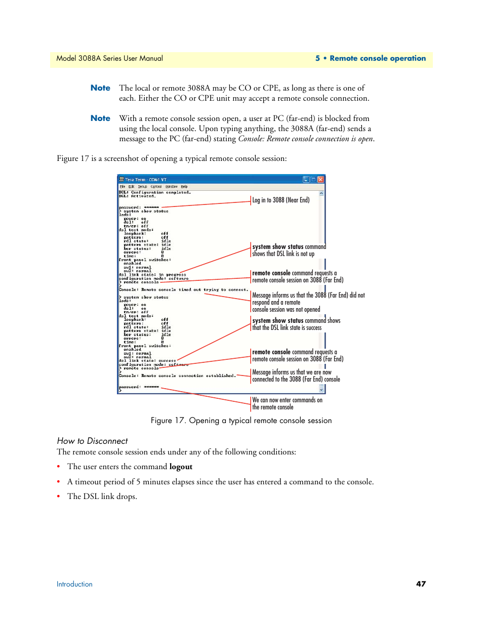 How to disconnect, Opening a typical remote console session | Patton electronic 3088A User Manual | Page 47 / 71