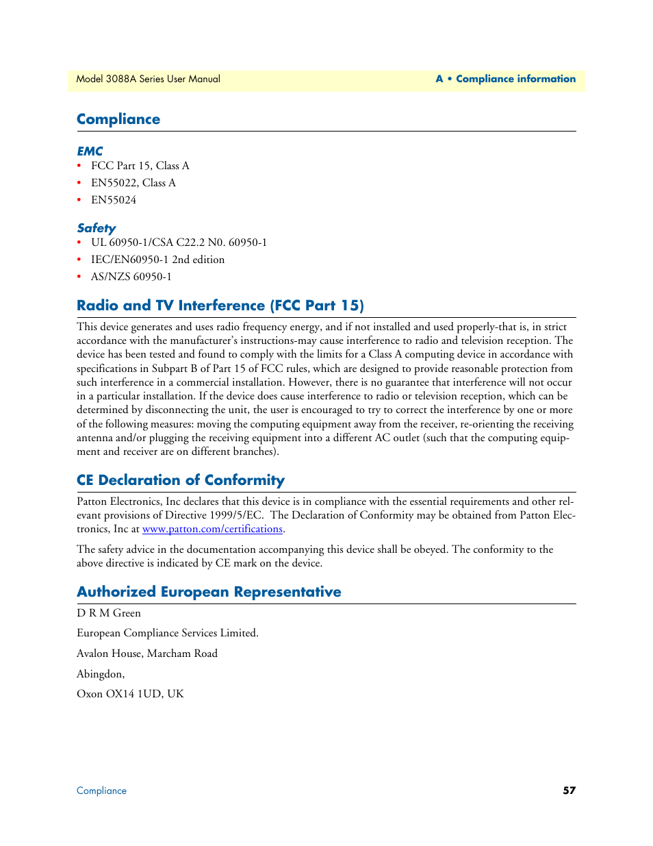 Compliance, Safety, Radio and tv interference (fcc part 15) | Ce declaration of conformity, Authorized european representative | Patton electronic 3088A User Manual | Page 57 / 71