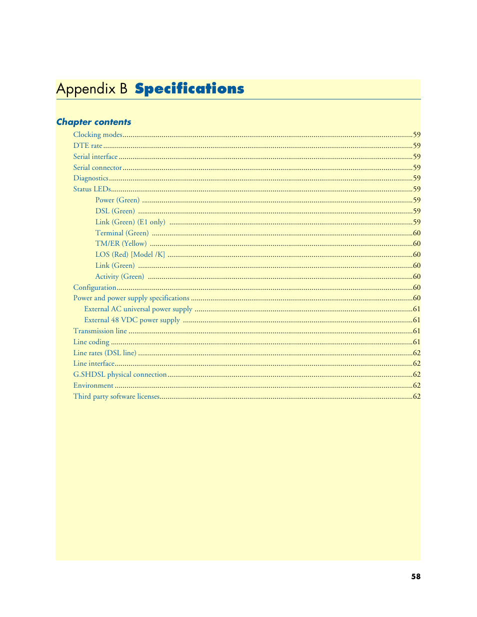 Appendix b specifications, Specifications, Appendix b | Patton electronic 3088A User Manual | Page 58 / 71