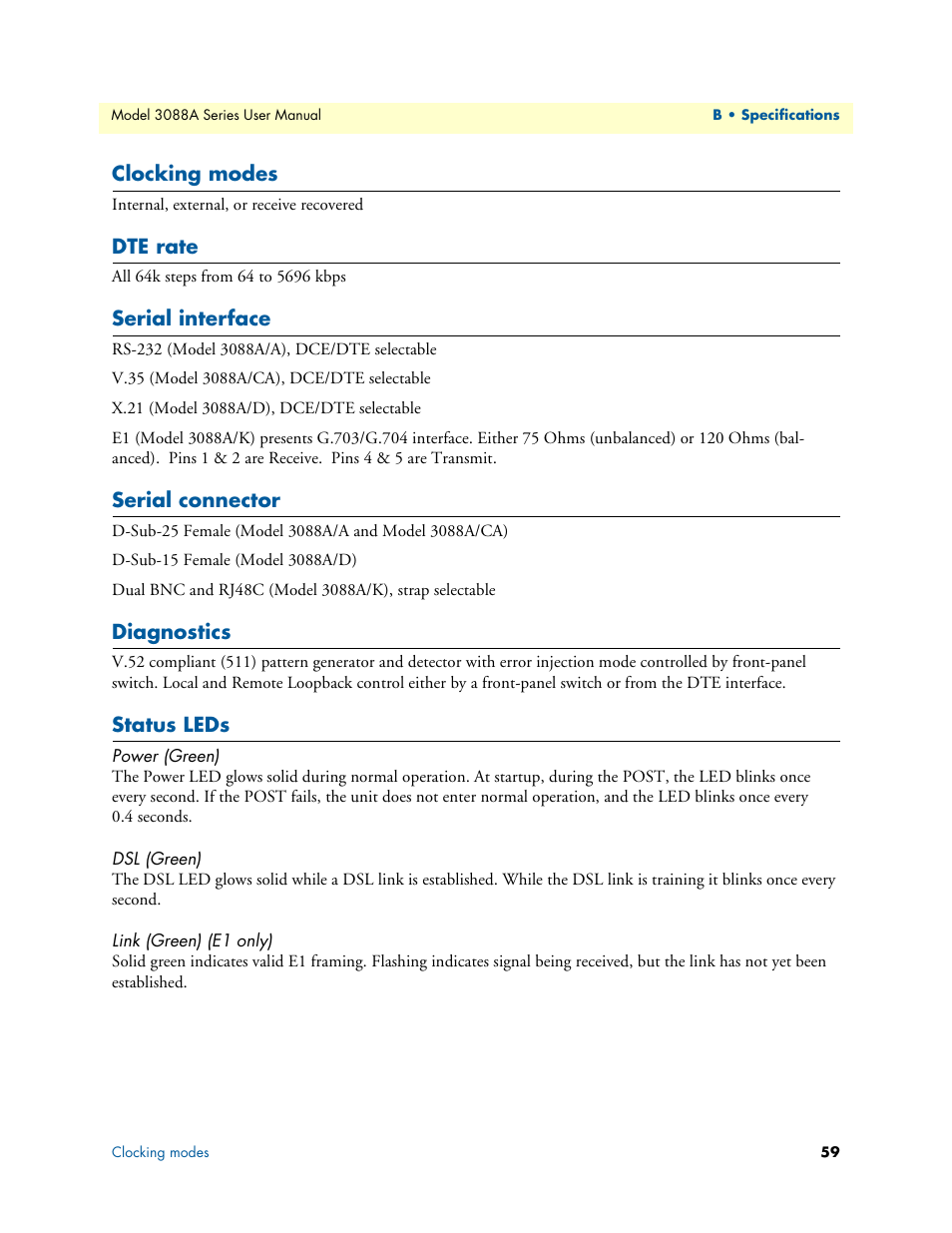 Clocking modes, Dte rate, Serial interface | Serial connector, Diagnostics, Status leds, Power (green), Dsl (green), Link (green) (e1 only) | Patton electronic 3088A User Manual | Page 59 / 71