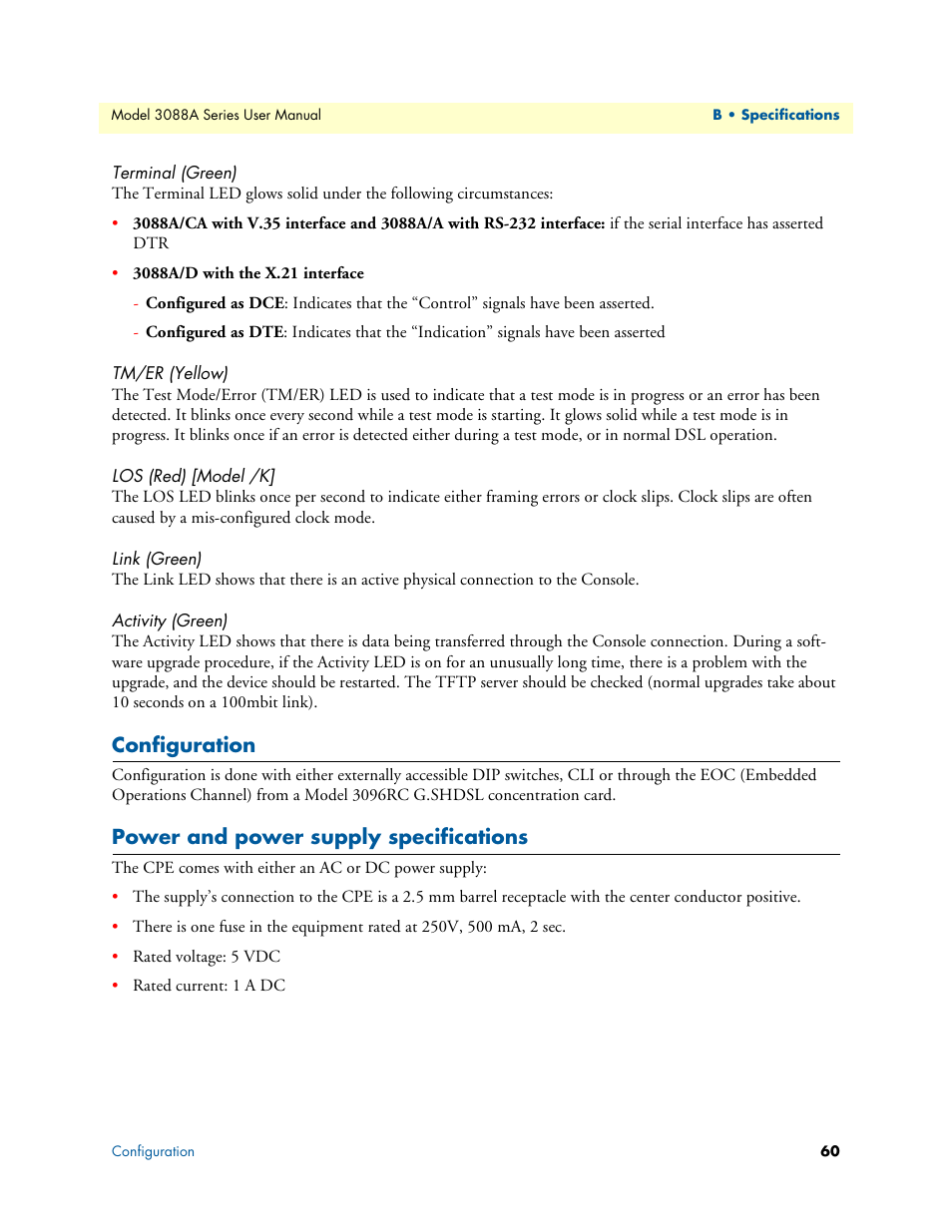 Terminal (green), Tm/er (yellow), Los (red) [model /k | Link (green), Activity (green), Configuration, Power and power supply specifications | Patton electronic 3088A User Manual | Page 60 / 71