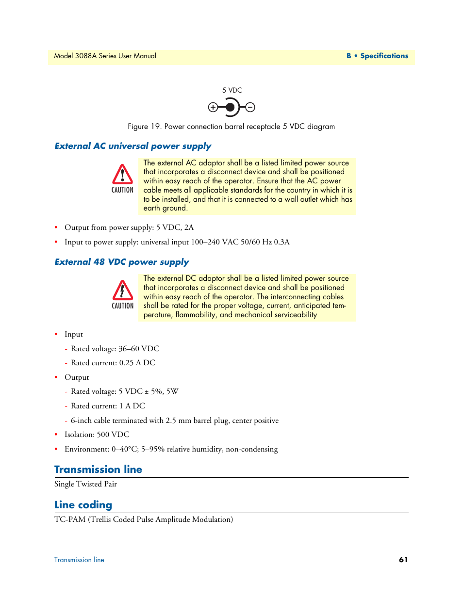 External ac universal power supply, External 48 vdc power supply, Transmission line | Line coding, Power connection barrel receptacle 5 vdc diagram | Patton electronic 3088A User Manual | Page 61 / 71