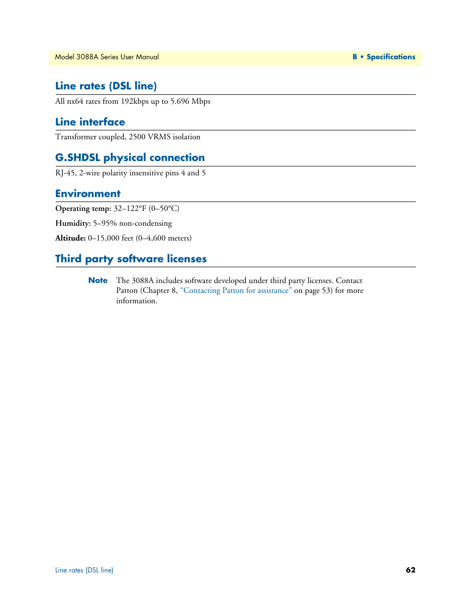 Line rates (dsl line), Line interface, G.shdsl physical connection | Environment, Third party software licenses | Patton electronic 3088A User Manual | Page 62 / 71
